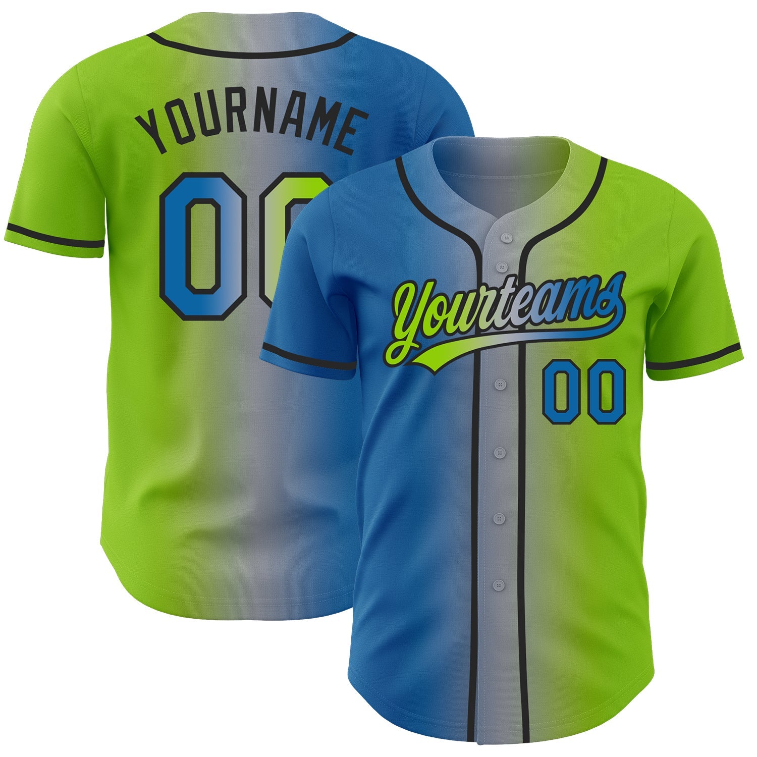Custom Neon Green Blue Gray-Black Authentic Gradient Fashion Baseball Jersey - Main View