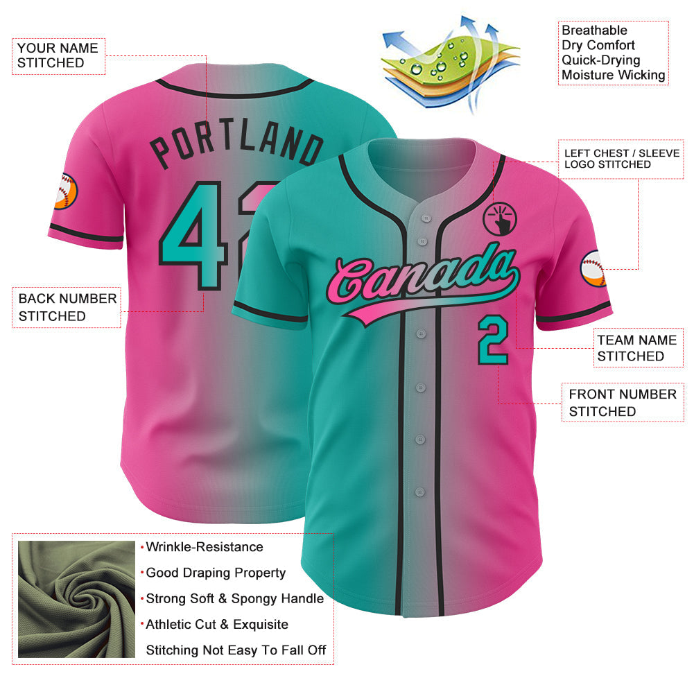 Custom Pink Aqua Gray-Black Authentic Gradient Fashion Baseball Jersey view 4