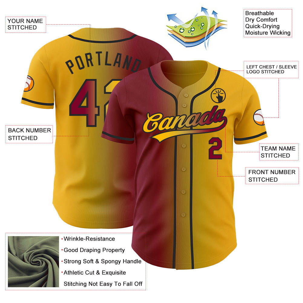 Custom Gold Maroon Old Gold-Black Authentic Gradient Fashion Baseball Jersey view 4