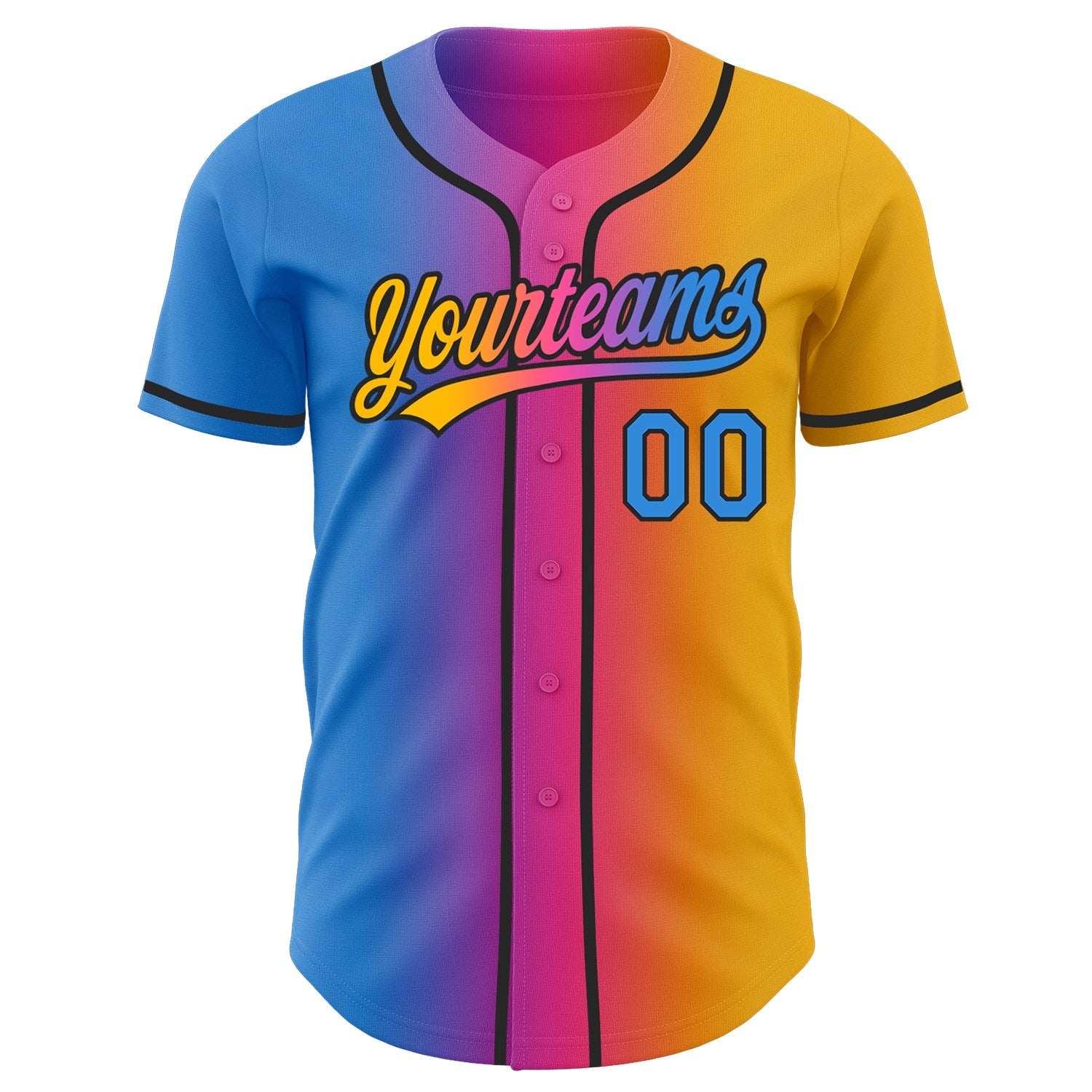 Custom Gold Electric Blue Pink-Black Authentic Gradient Fashion Baseball Jersey view 3