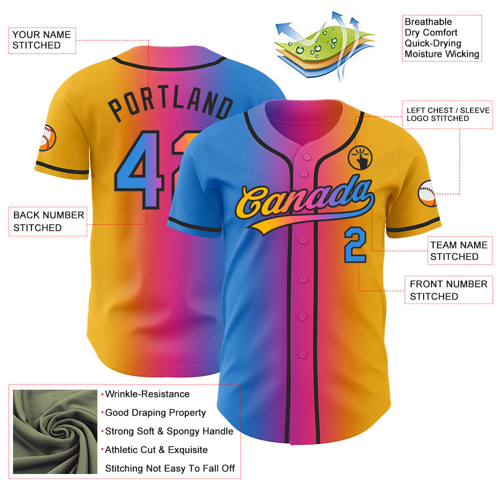 Custom Gold Electric Blue Pink-Black Authentic Gradient Fashion Baseball Jersey view 4