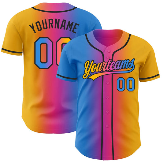 Custom Gold Electric Blue Pink-Black Authentic Gradient Fashion Baseball Jersey - Main View