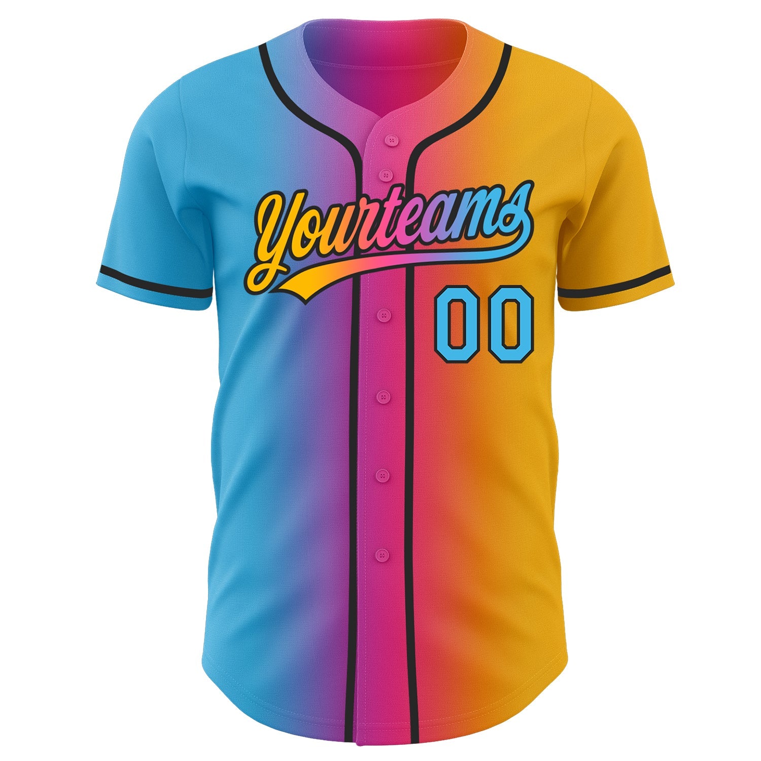 Custom Gold Sky Blue Pink-Black Authentic Gradient Fashion Baseball Jersey view 3