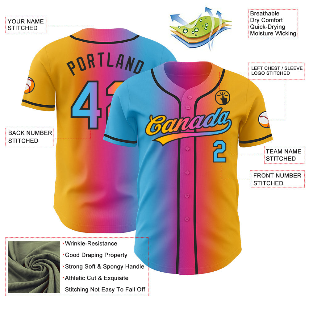 Custom Gold Sky Blue Pink-Black Authentic Gradient Fashion Baseball Jersey view 4