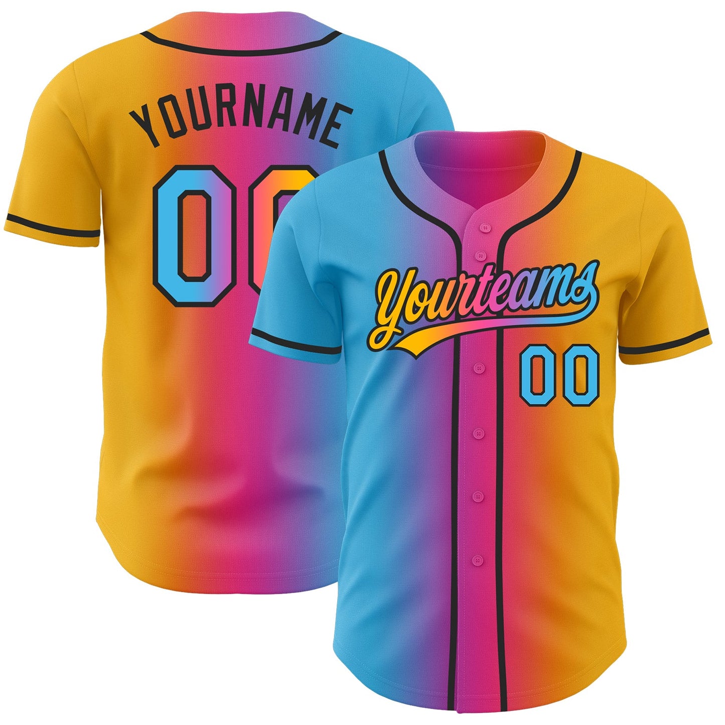 Custom Gold Sky Blue Pink-Black Authentic Gradient Fashion Baseball Jersey - Main View