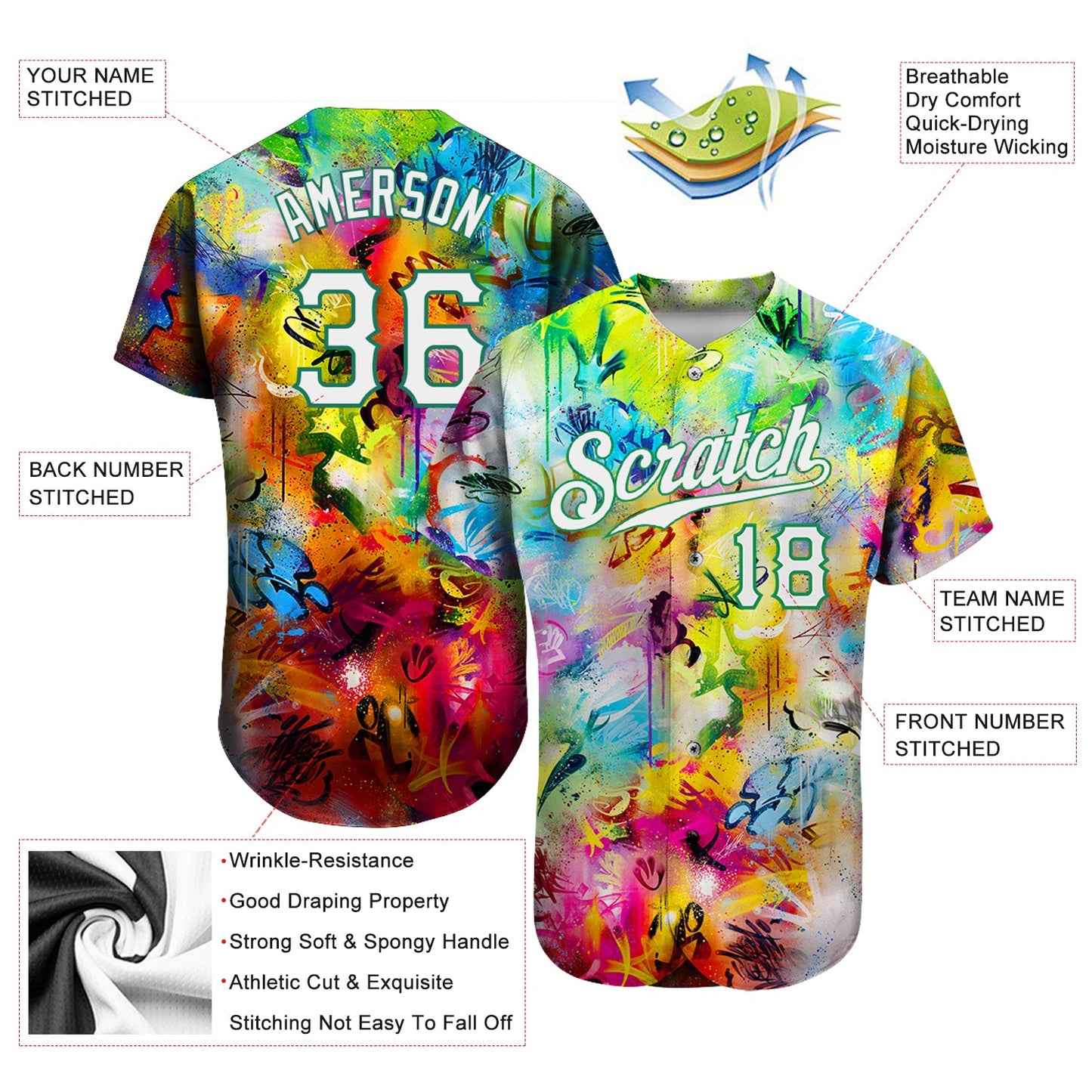 Custom Scratch Graffiti Pattern White-Kelly Green 3D Authentic Baseball Jersey view 4