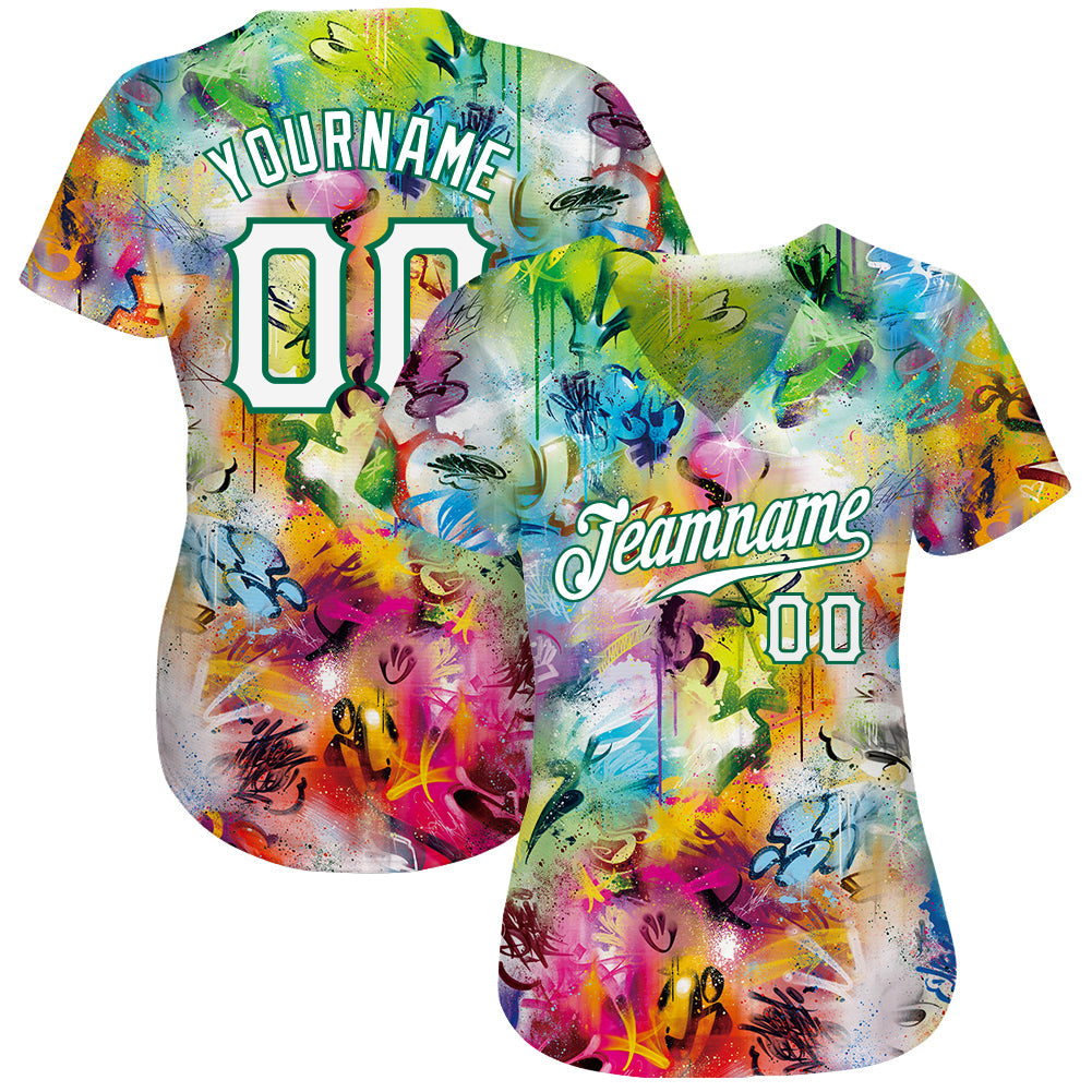 Custom Scratch Graffiti Pattern White-Kelly Green 3D Authentic Baseball Jersey view 3