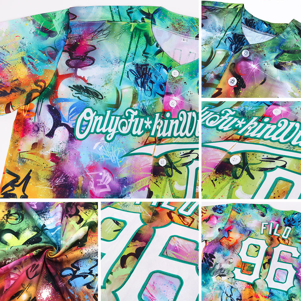 Custom Scratch Graffiti Pattern White-Kelly Green 3D Authentic Baseball Jersey view 7