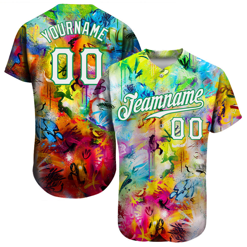 Custom Scratch Graffiti Pattern White-Kelly Green 3D Authentic Baseball Jersey - Main View