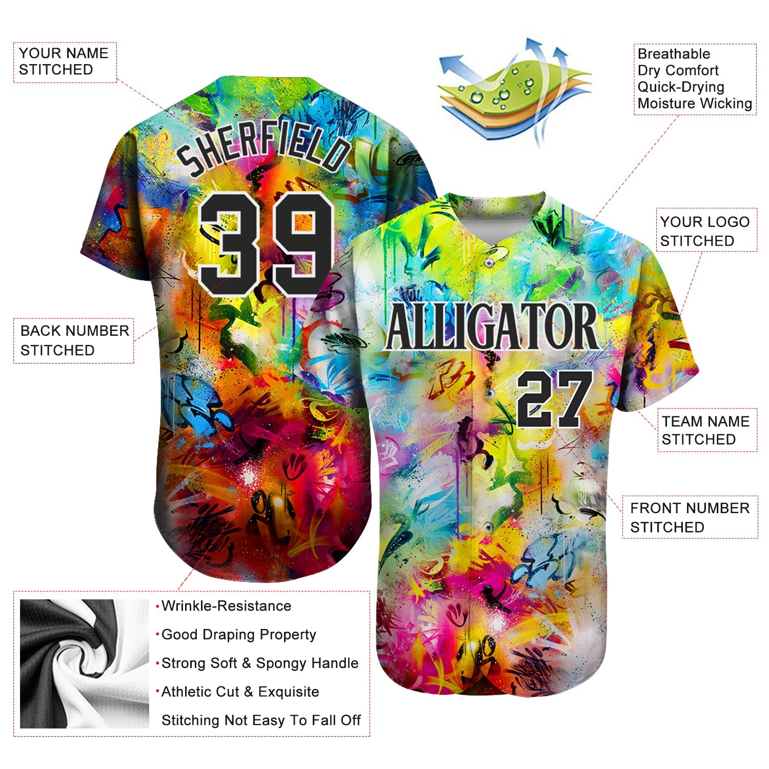Custom Scratch Graffiti Pattern Black-White 3D Authentic Baseball Jersey view 2