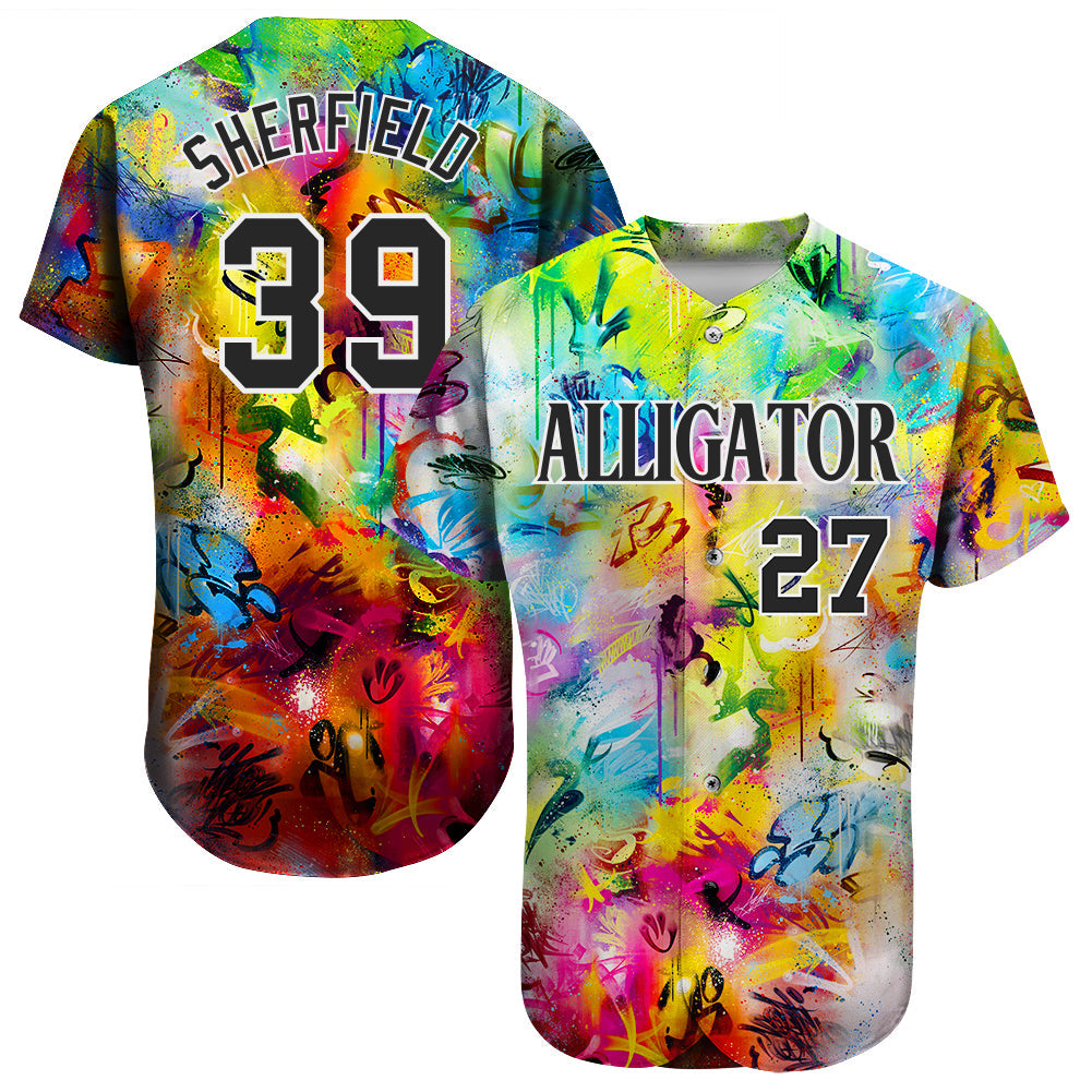 Custom Scratch Graffiti Pattern Black-White 3D Authentic Baseball Jersey view 3