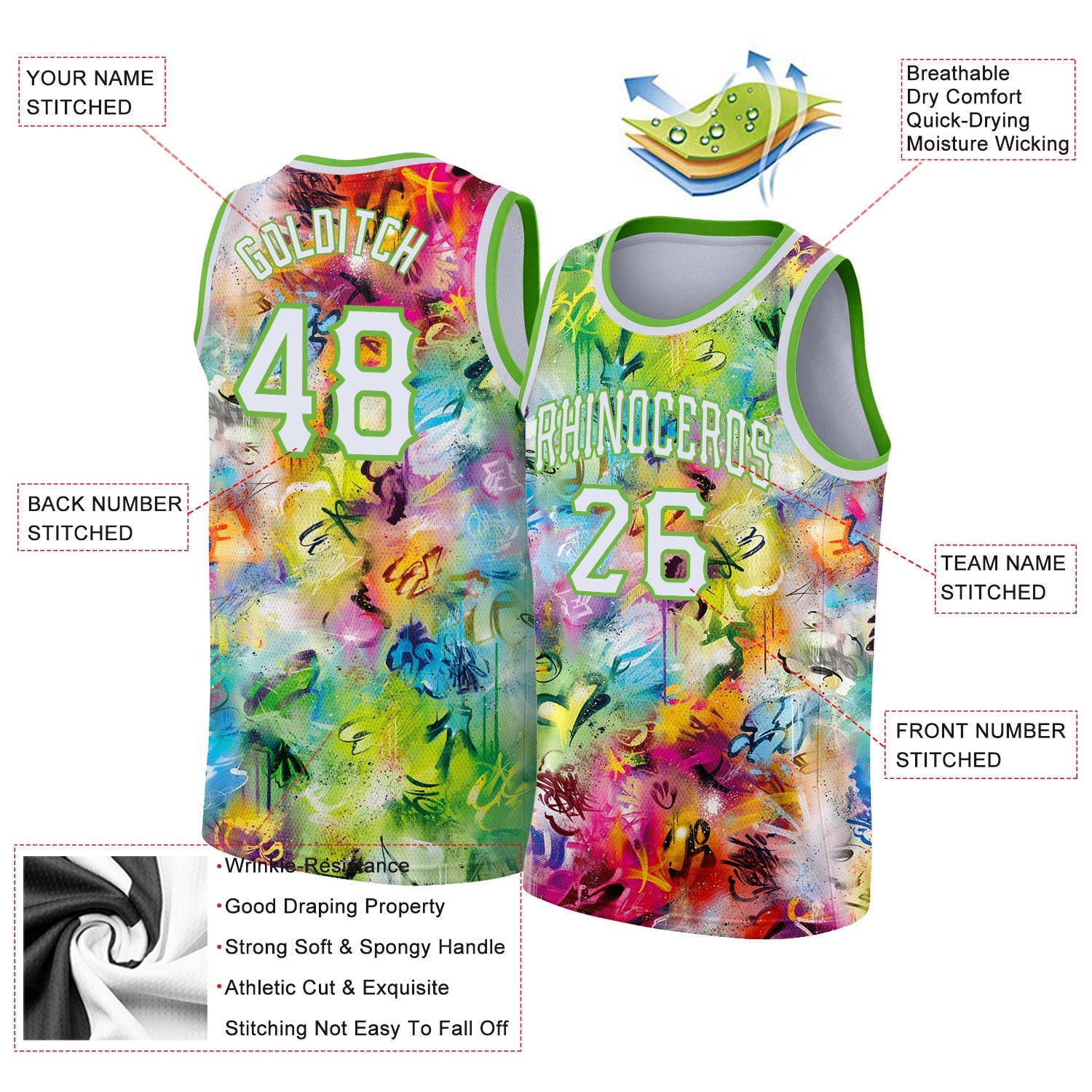 Custom Scratch Graffiti Pattern White-Neon Green 3D Authentic Basketball Jersey view 2
