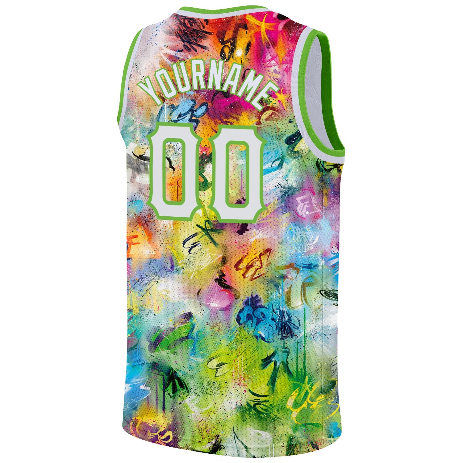 Custom Scratch Graffiti Pattern White-Neon Green 3D Authentic Basketball Jersey view 6