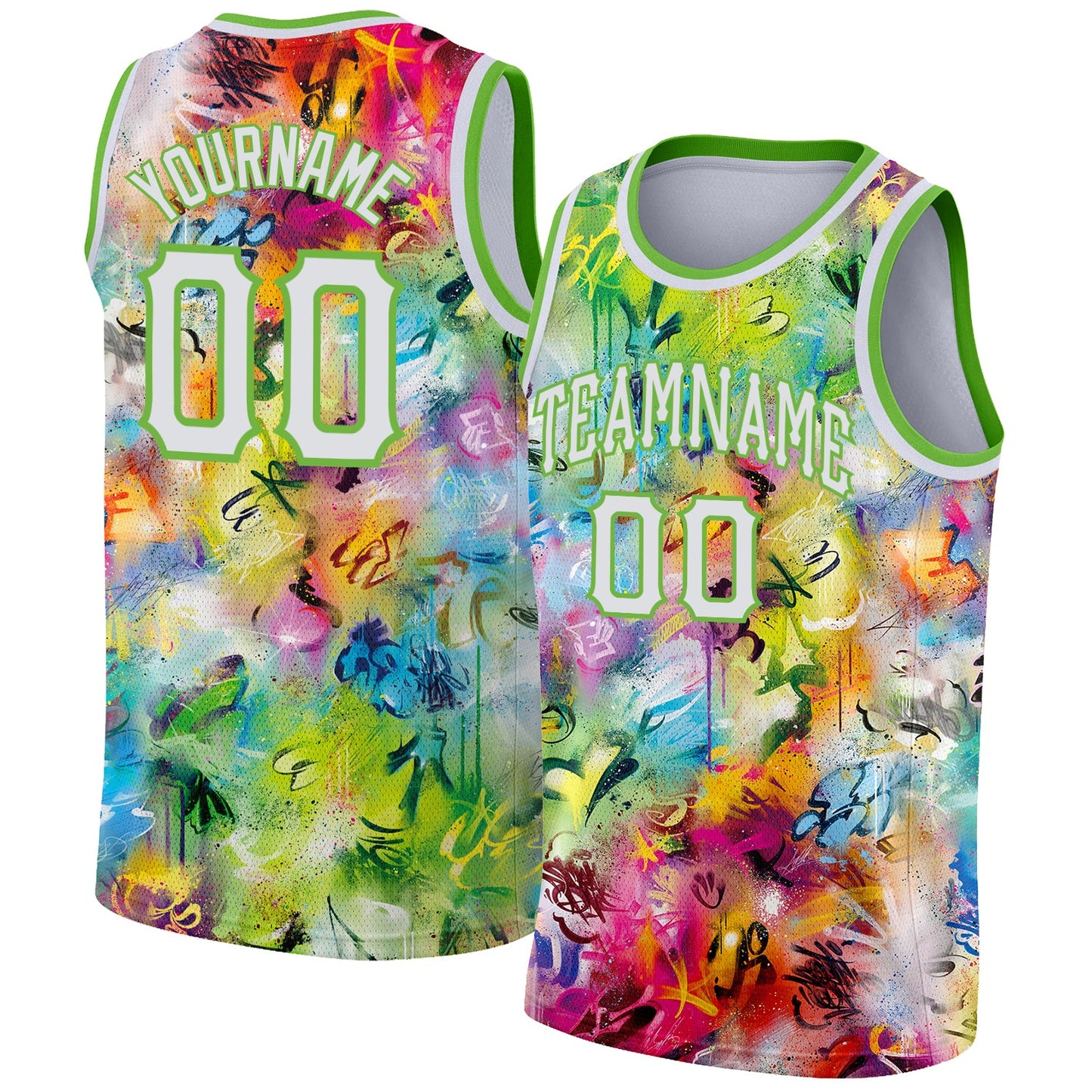 Custom Scratch Graffiti Pattern White-Neon Green 3D Authentic Basketball Jersey - Main View