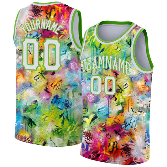 Custom Scratch Graffiti Pattern White-Neon Green 3D Authentic Basketball Jersey - Main View