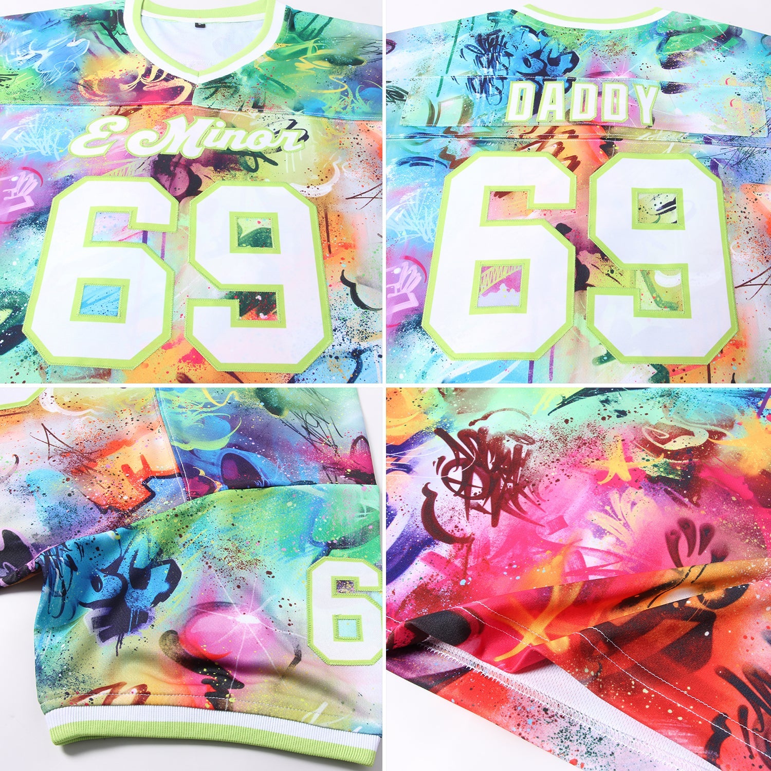 Custom Graffiti Pattern White-Neon Green 3D Authentic Throwback Football Jersey view 6
