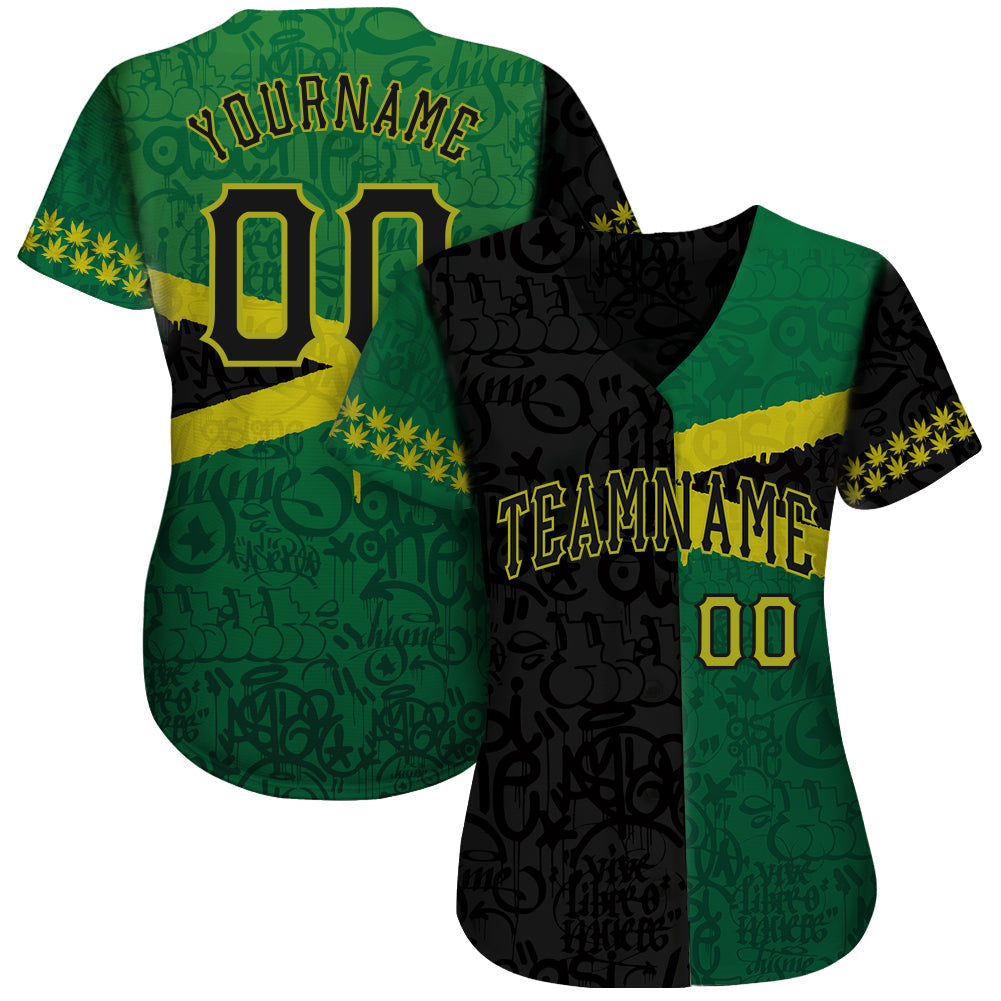 Custom Graffiti Pattern Black-Green 3D Jamaica Authentic Baseball Jersey view 2