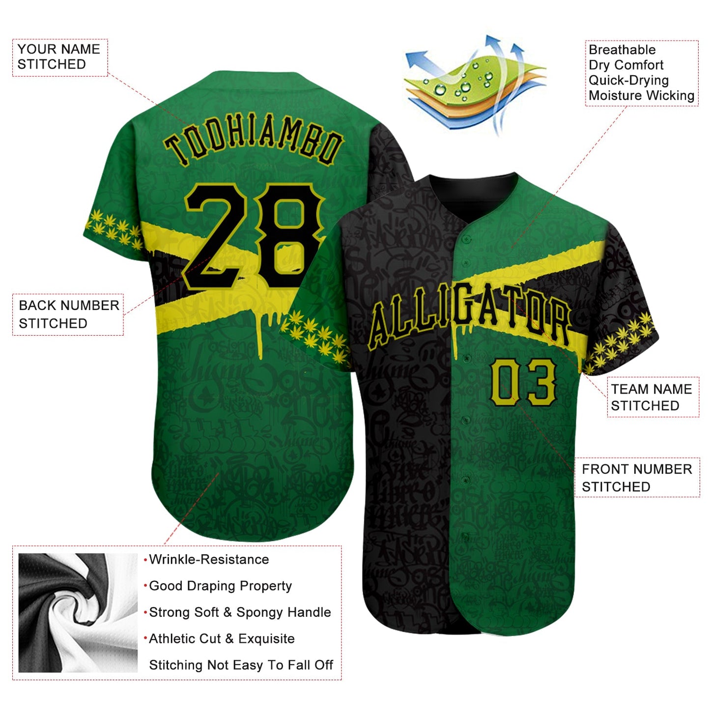 Custom Graffiti Pattern Black-Green 3D Jamaica Authentic Baseball Jersey view 3