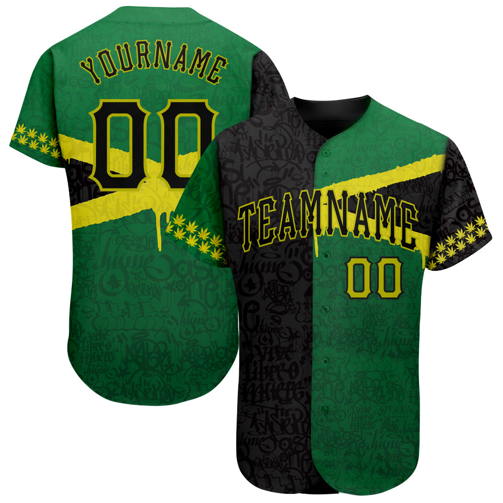 Custom Graffiti Pattern Black-Green 3D Jamaica Authentic Baseball Jersey - Main View