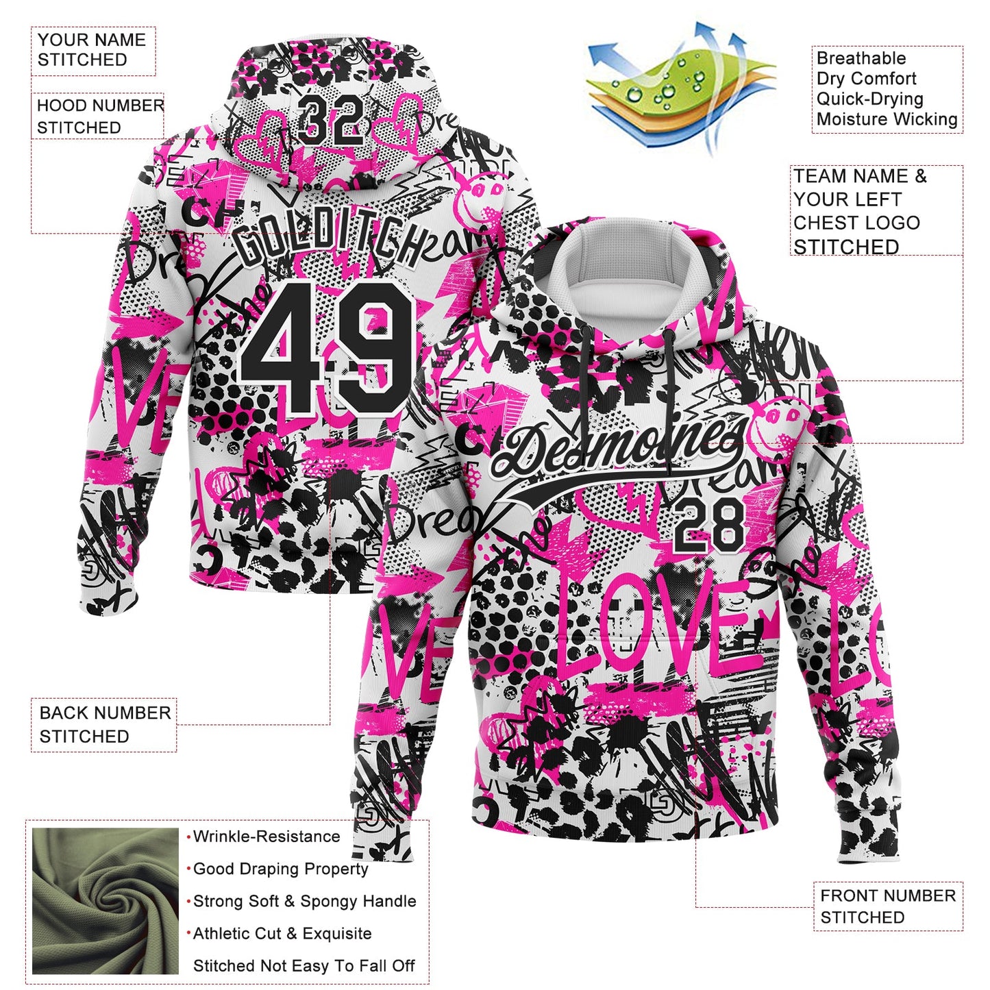 Custom Stitched Graffiti Pattern White-Black 3D Sports Pullover Sweatshirt Hoodie view 2