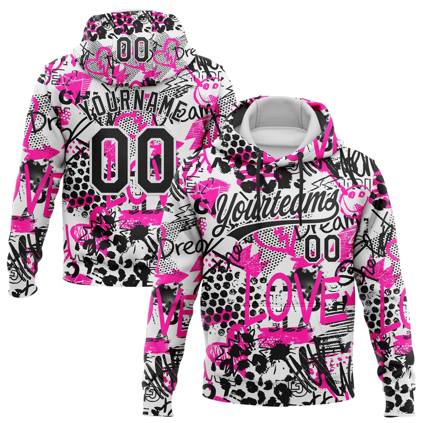 Custom Stitched Graffiti Pattern White-Black 3D Sports Pullover Sweatshirt Hoodie - Main View