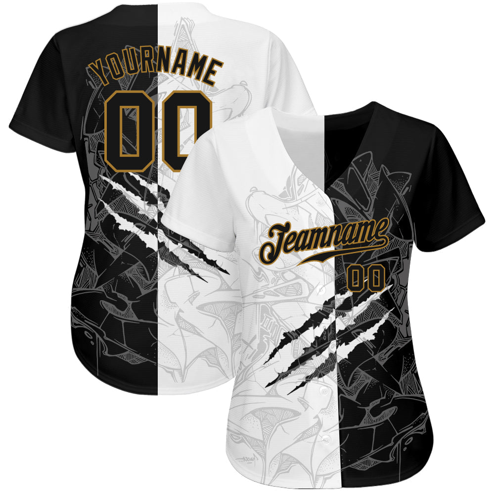 Custom Graffiti Pattern Black-Old Gold 3D Authentic Baseball Jersey view 2