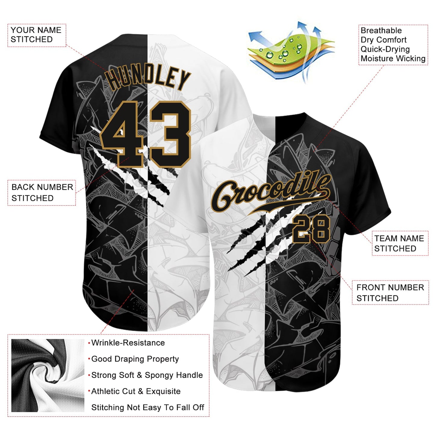 Custom Graffiti Pattern Black-Old Gold 3D Authentic Baseball Jersey view 3