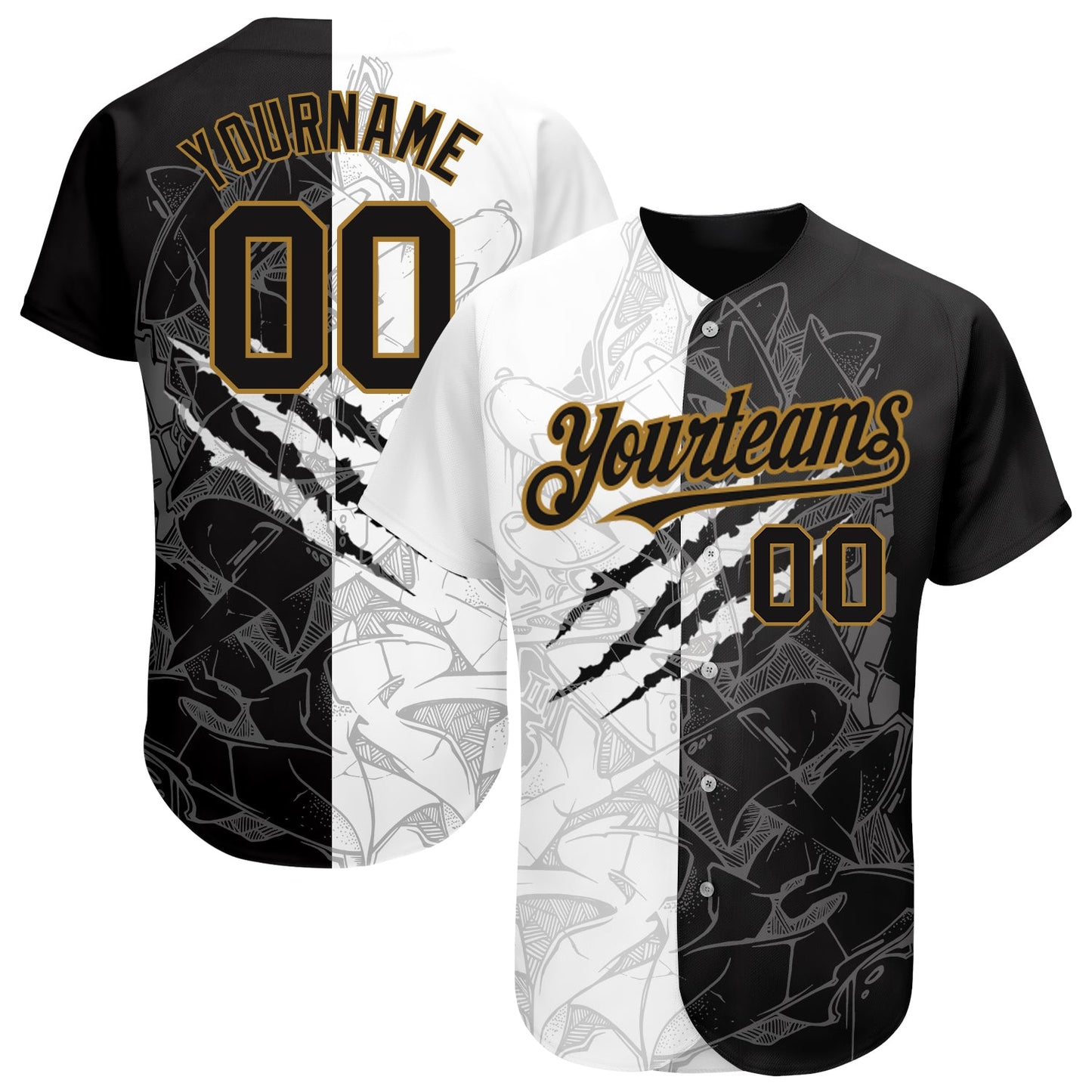 Custom Graffiti Pattern Black-Old Gold 3D Authentic Baseball Jersey - Main View