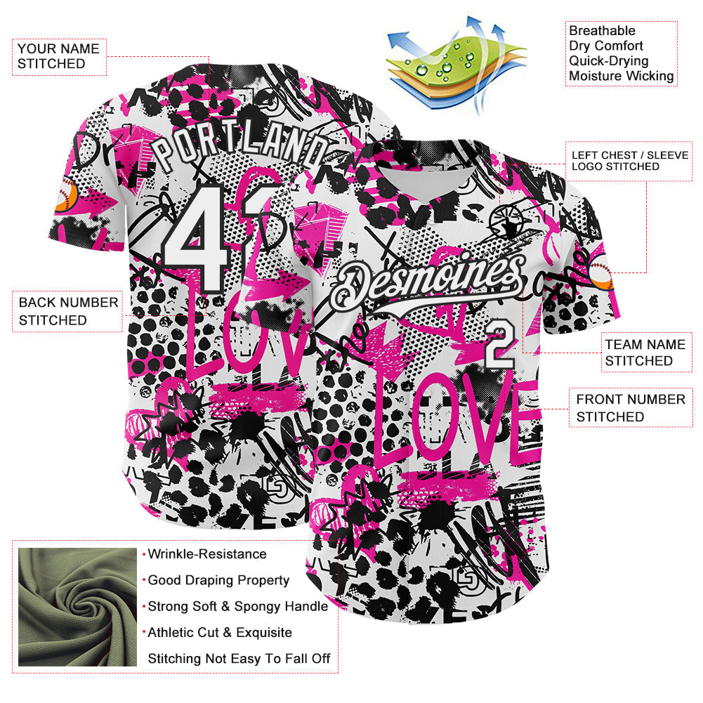 Custom Graffiti Pattern White-Black 3D Authentic Baseball Jersey view 3