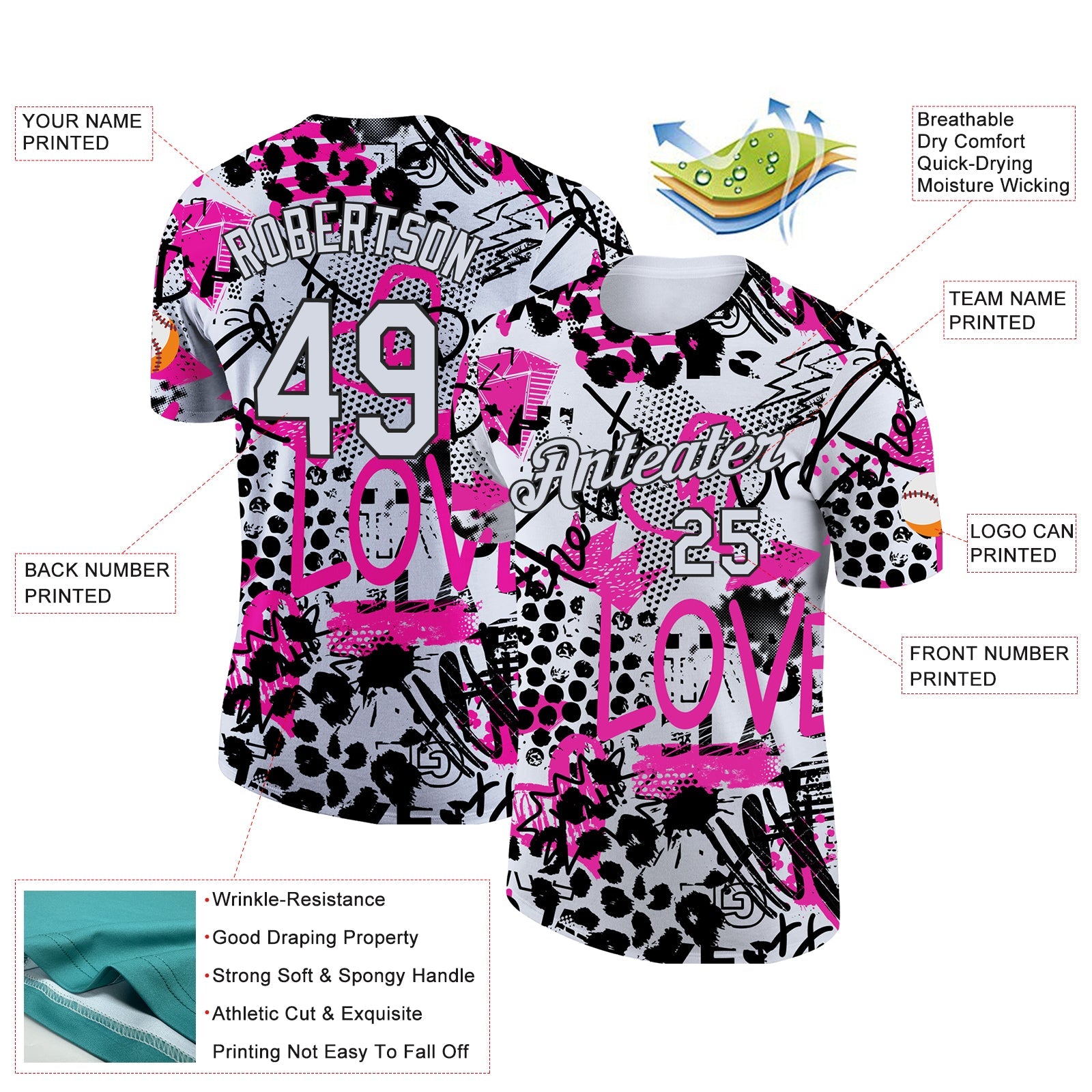 Custom Graffiti Pattern White-Black 3D Performance T-Shirt view 2