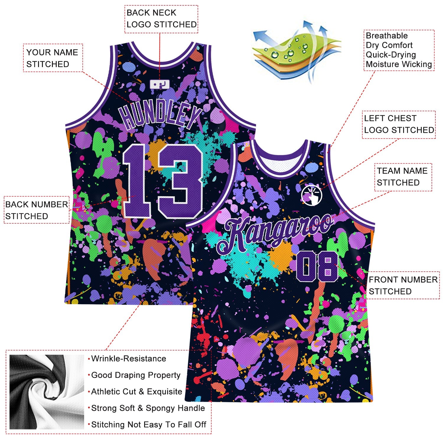 Custom Graffiti Pattern Purple-White 3D Splashes Authentic Basketball Jersey view 2