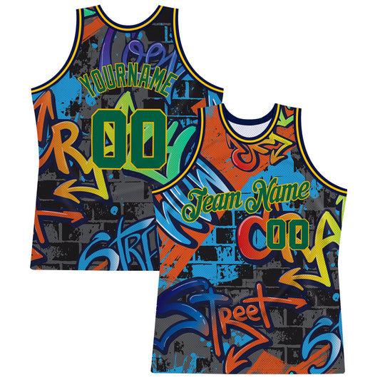 Custom Graffiti Pattern Kelly Green-Gold 3D Geometric Authentic Basketball Jersey - Main View