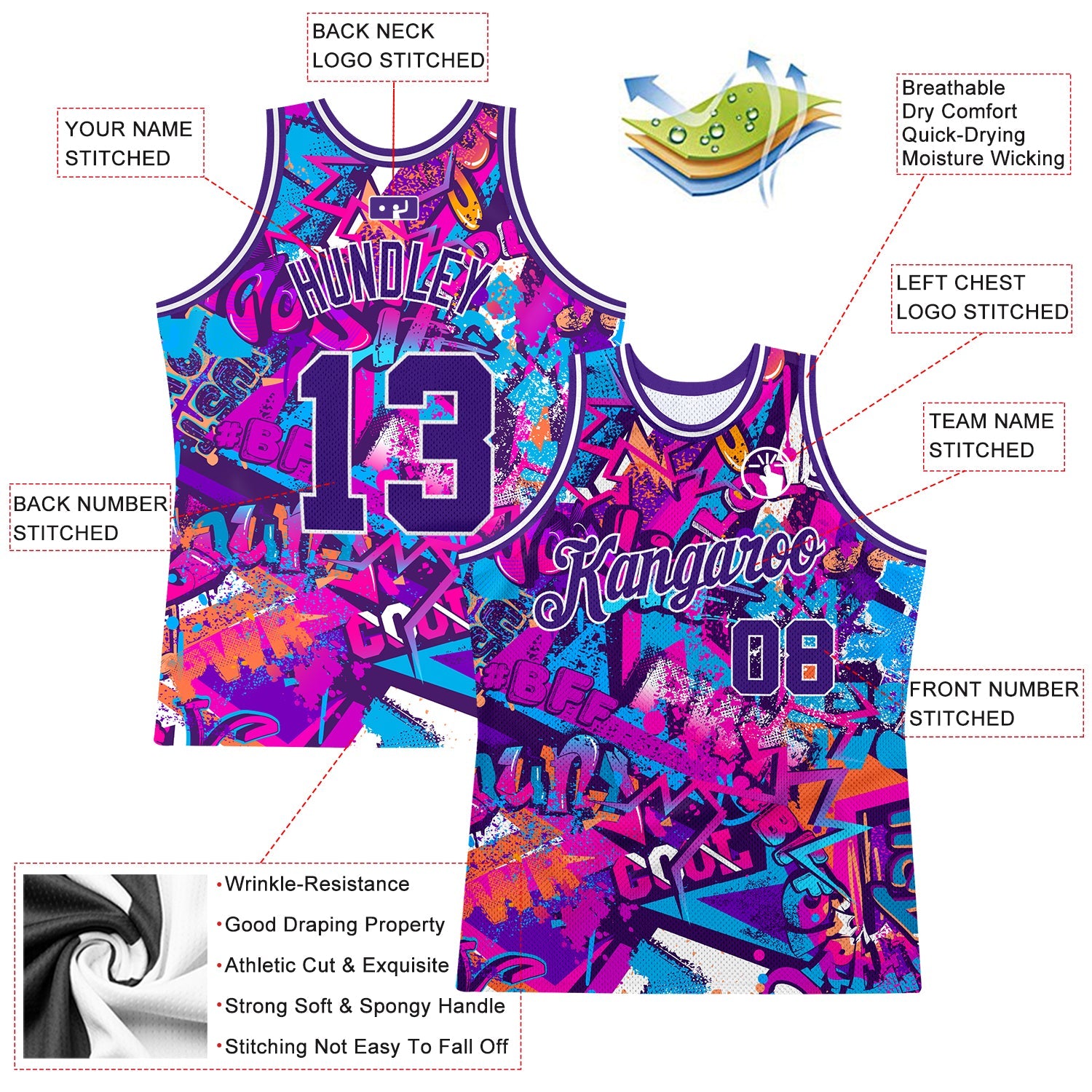 Custom Graffiti Pattern Purple-White 3D Words Authentic Basketball Jersey view 2