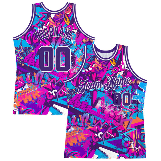 Custom Graffiti Pattern Purple-White 3D Words Authentic Basketball Jersey - Main View
