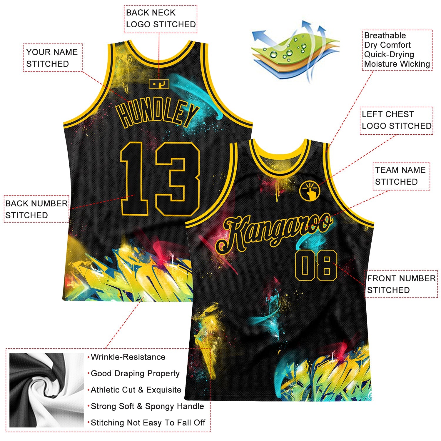 Custom Graffiti Pattern Black-Gold 3D Authentic Basketball Jersey view 2