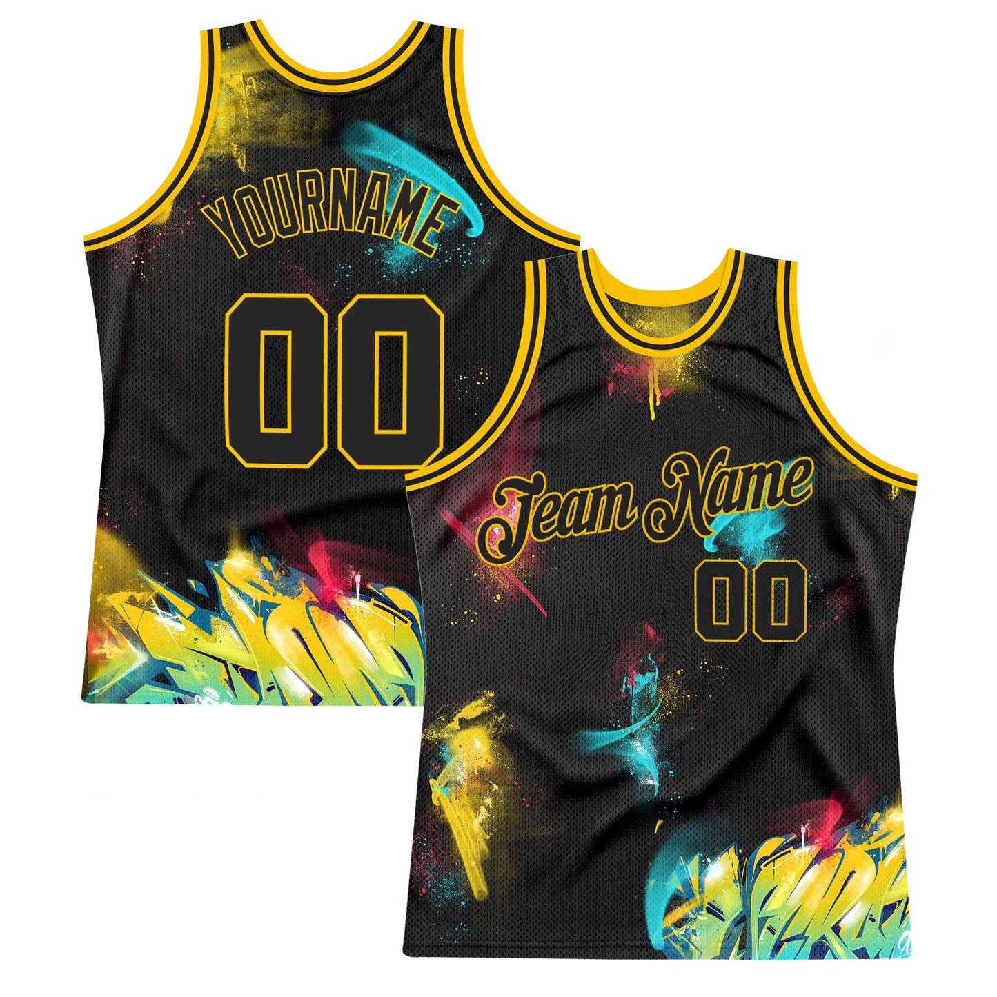 Custom Graffiti Pattern Black-Gold 3D Authentic Basketball Jersey - Main View