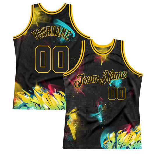 Custom Graffiti Pattern Black-Gold 3D Authentic Basketball Jersey - Main View