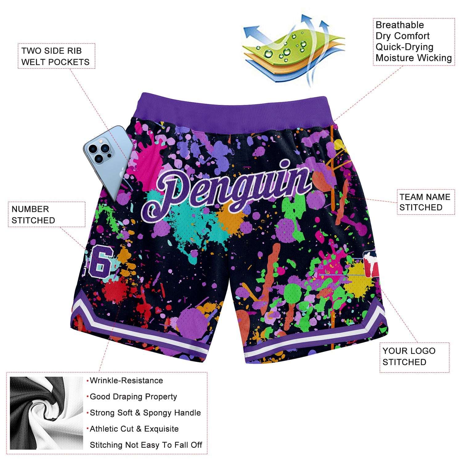 Custom Graffiti Pattern Purple-White 3D Splashes Authentic Basketball Shorts view 2