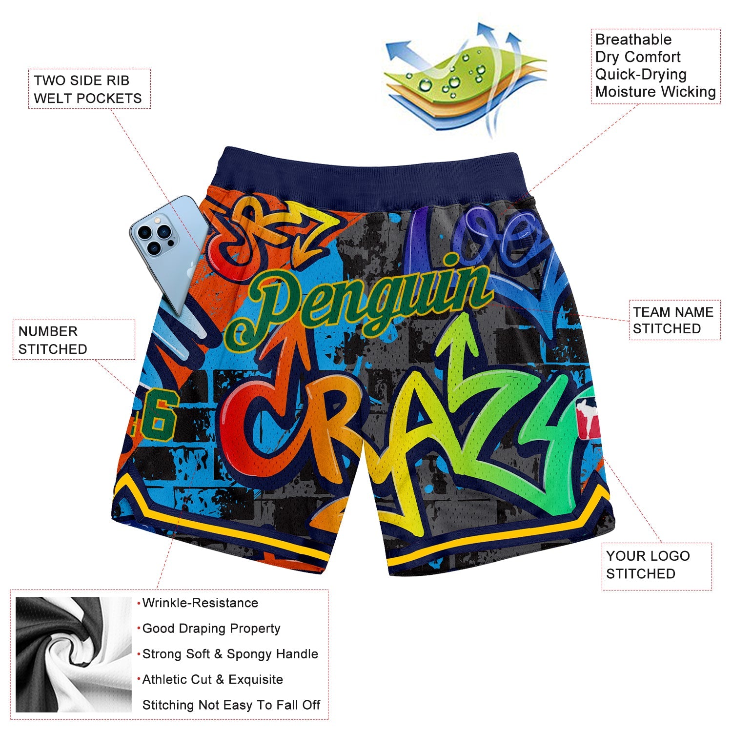 Custom Graffiti Pattern Kelly Green-Gold 3D Geometric Authentic Basketball Shorts view 2