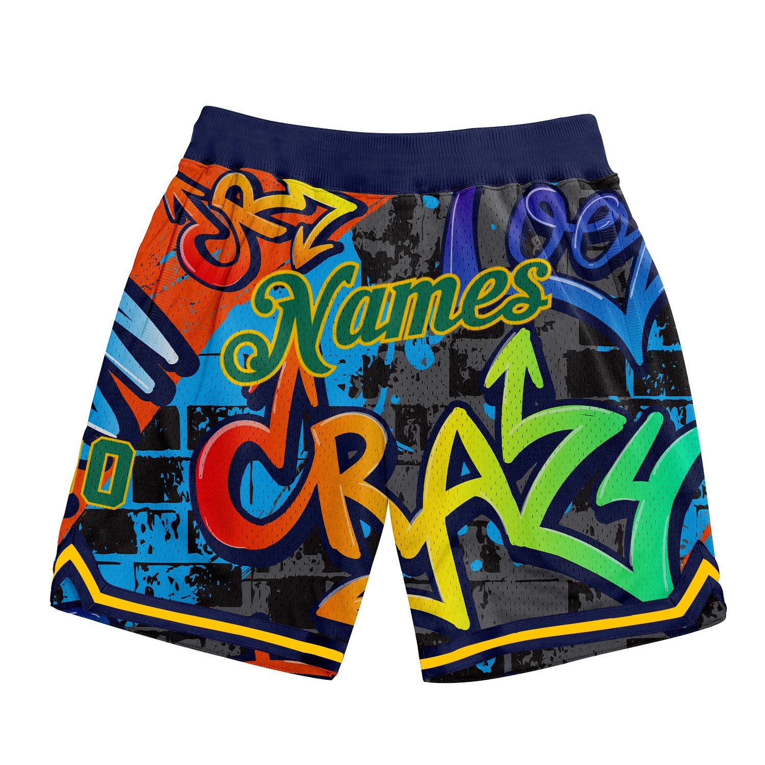 Custom Graffiti Pattern Kelly Green-Gold 3D Geometric Authentic Basketball Shorts - Main View