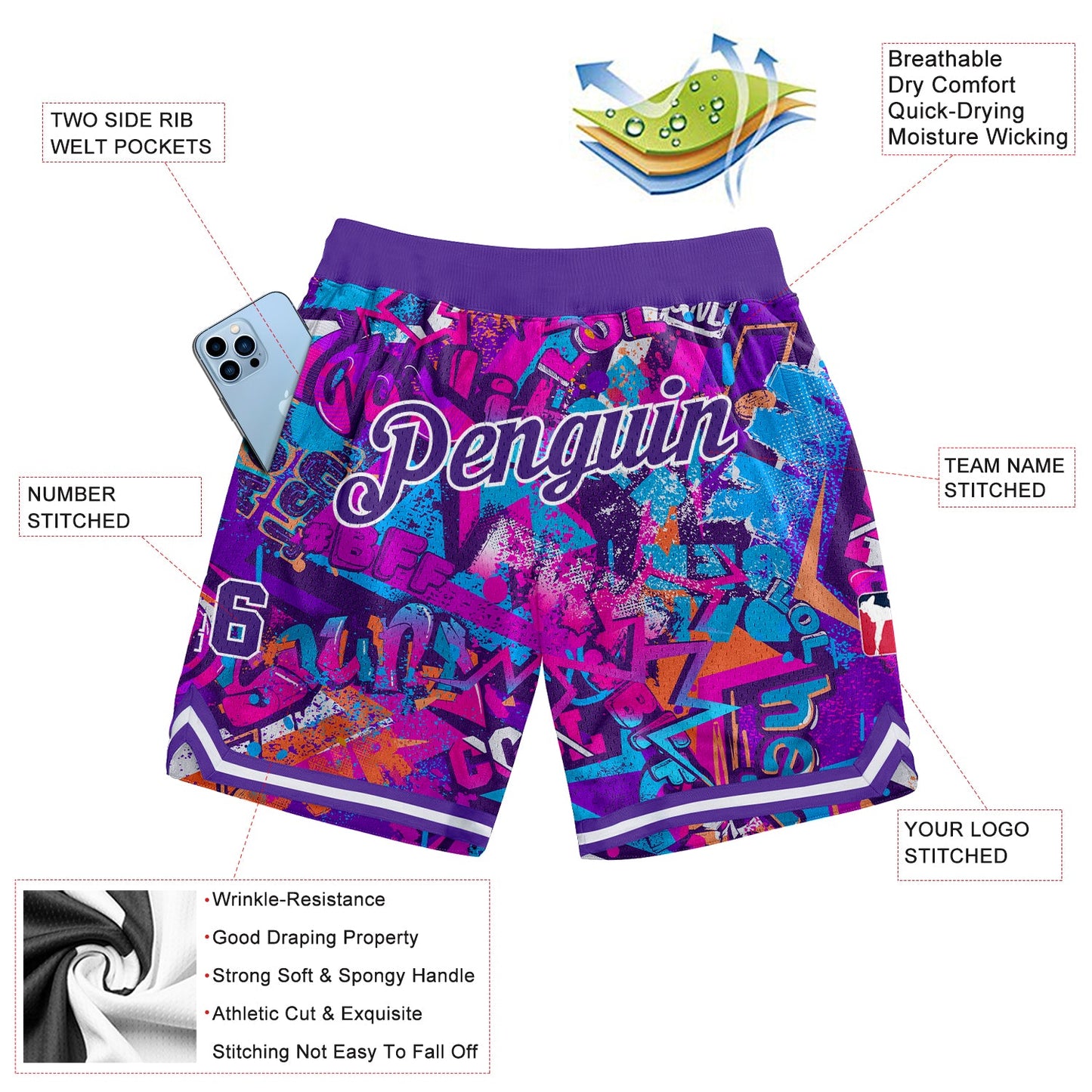 Custom Graffiti Pattern Purple-White 3D Words Authentic Basketball Shorts view 2