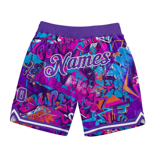 Custom Graffiti Pattern Purple-White 3D Words Authentic Basketball Shorts - Main View