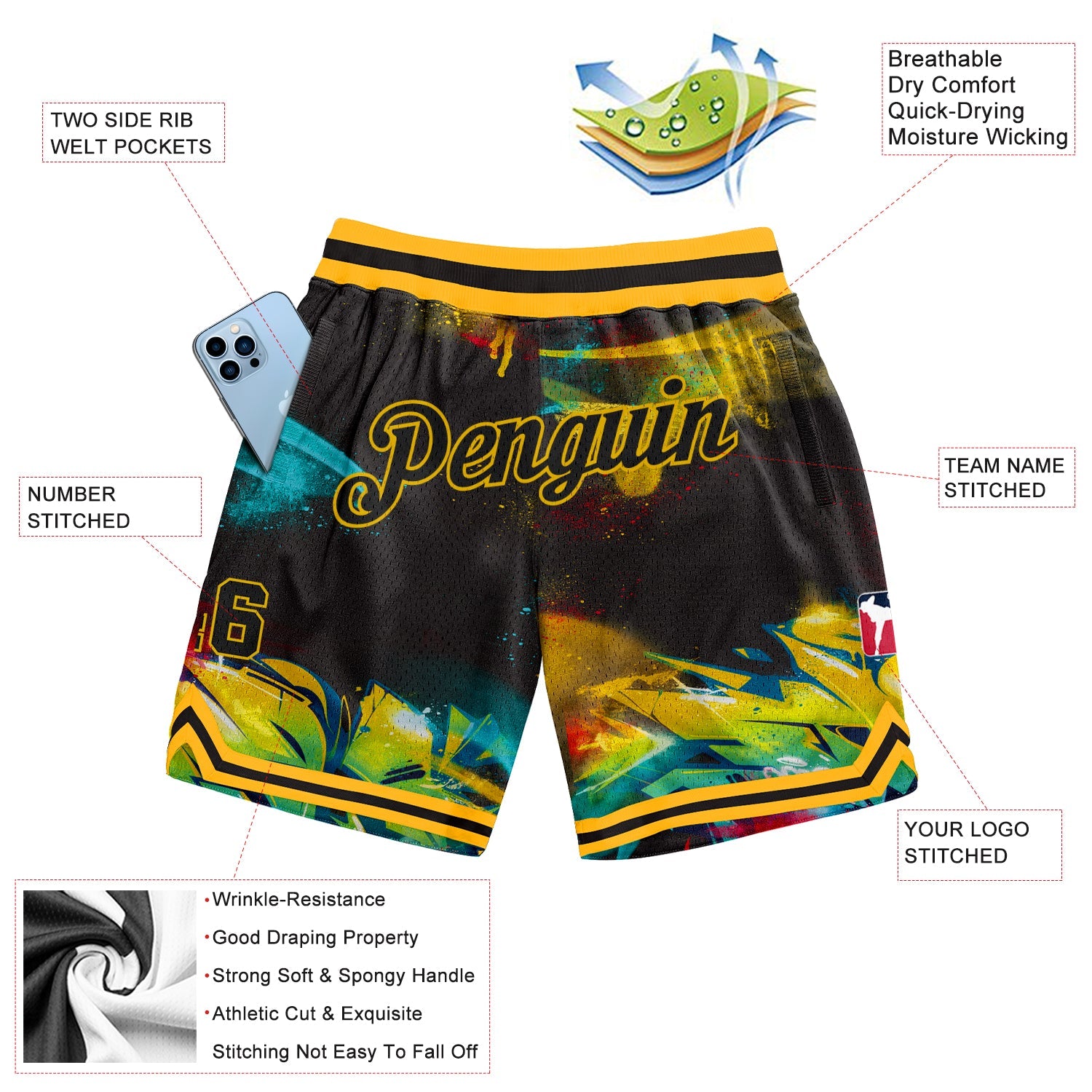 Custom Graffiti Pattern Black-Gold 3D Authentic Basketball Shorts view 2