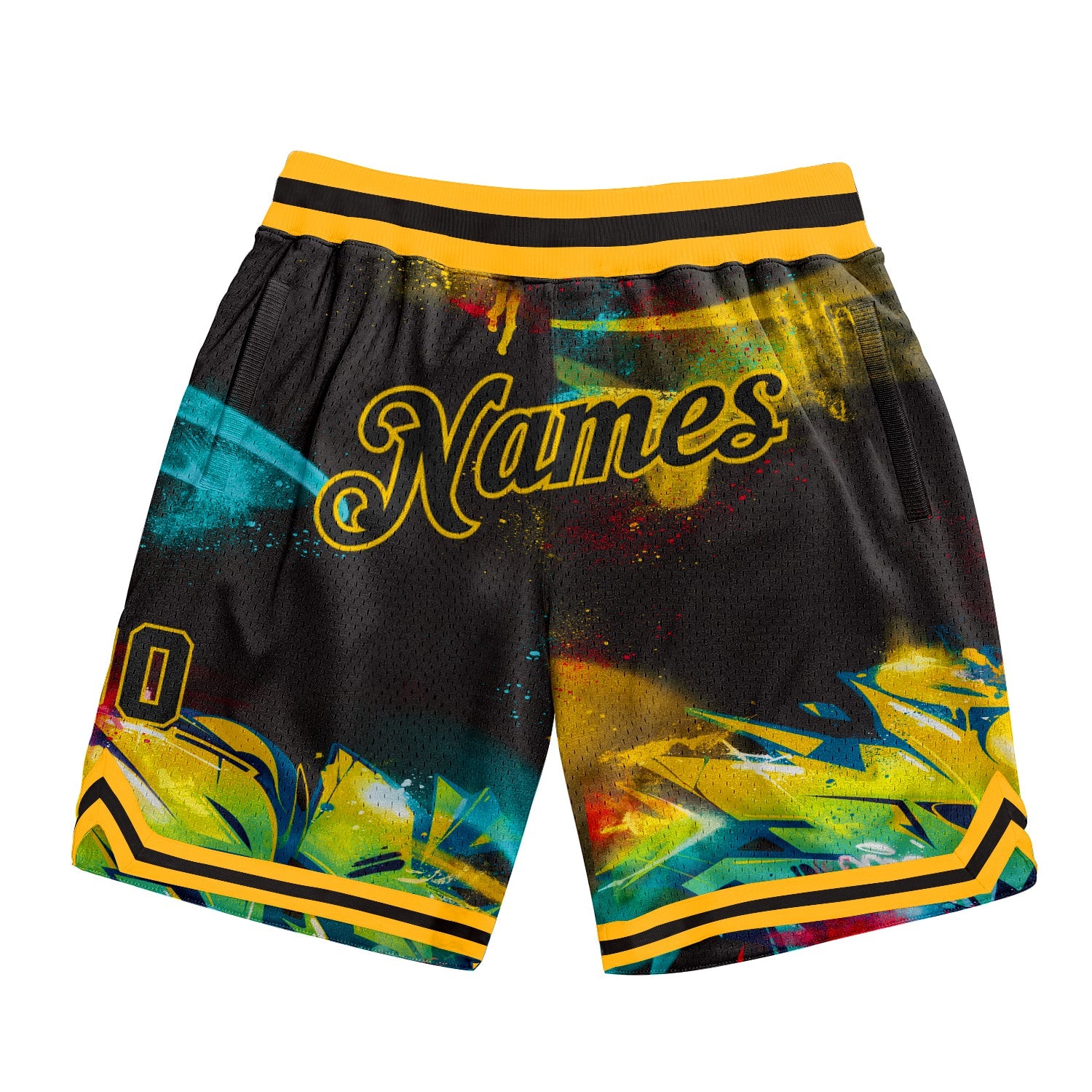 Custom Graffiti Pattern Black-Gold 3D Authentic Basketball Shorts - Main View