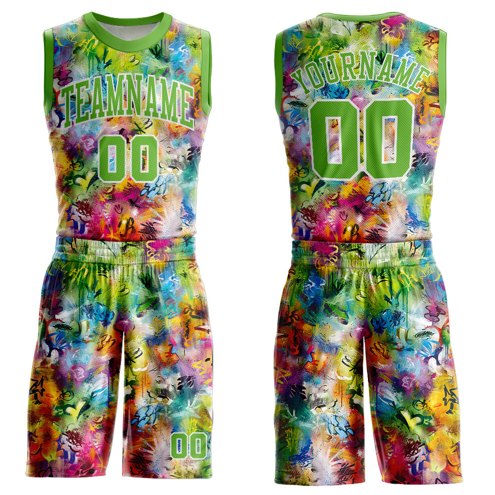 Custom Graffiti Pattern Neon Green-White Round Neck Sublimation Basketball Uniform Jersey - Main View