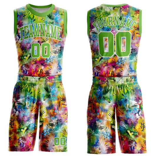 Custom Graffiti Pattern Neon Green-White Round Neck Sublimation Basketball Uniform Jersey - Main View