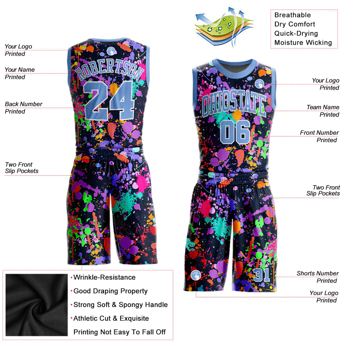 Custom Graffiti Pattern Light Blue-White Round Neck Sublimation Basketball Uniform Jersey view 2
