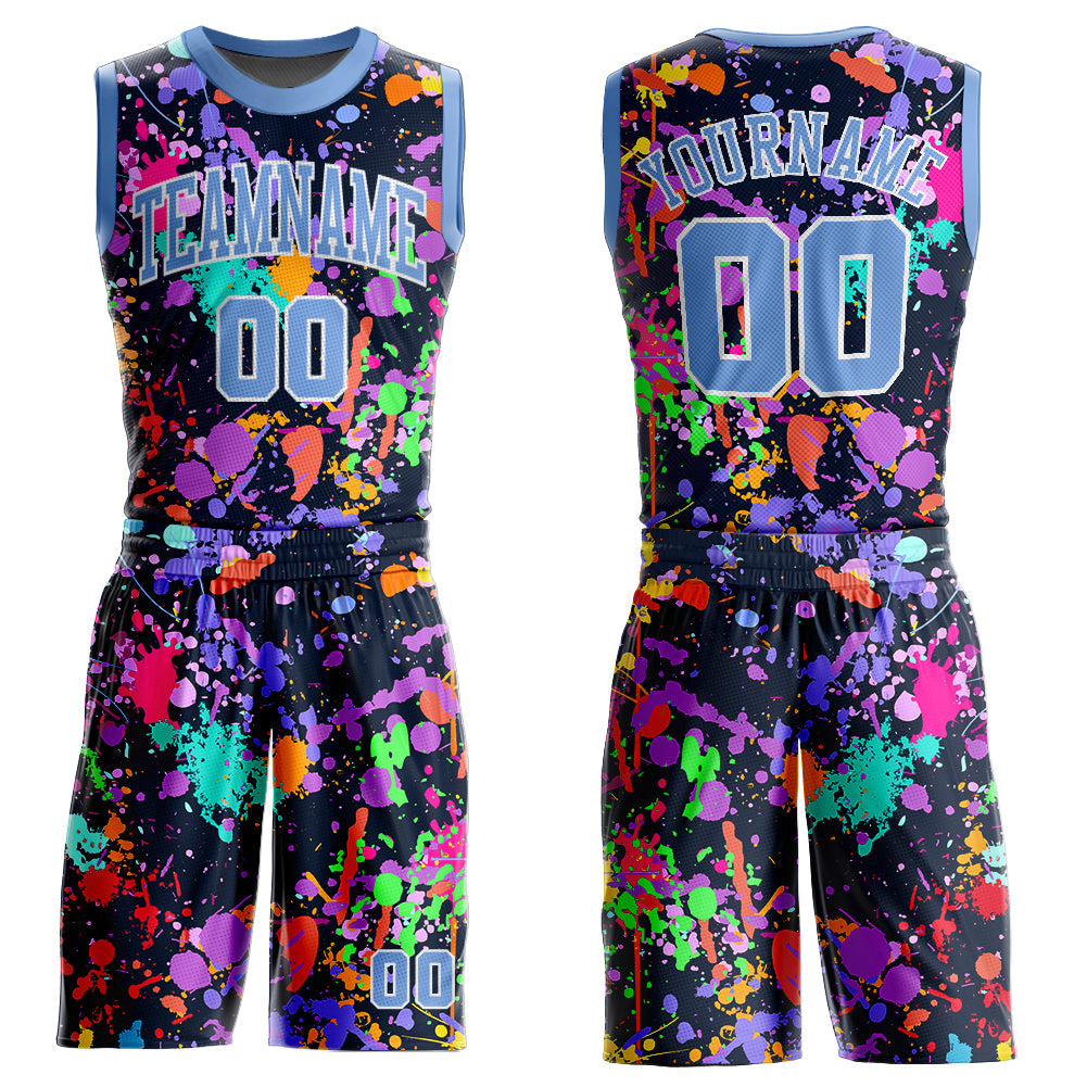 Custom Graffiti Pattern Light Blue-White Round Neck Sublimation Basketball Uniform Jersey - Main View