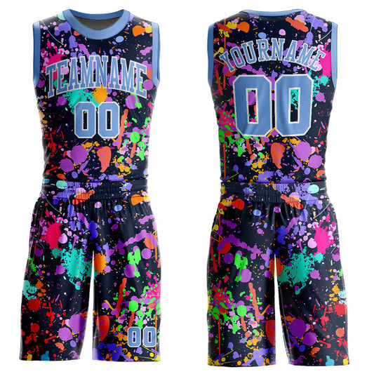 Custom Graffiti Pattern Light Blue-White Round Neck Sublimation Basketball Uniform Jersey - Main View