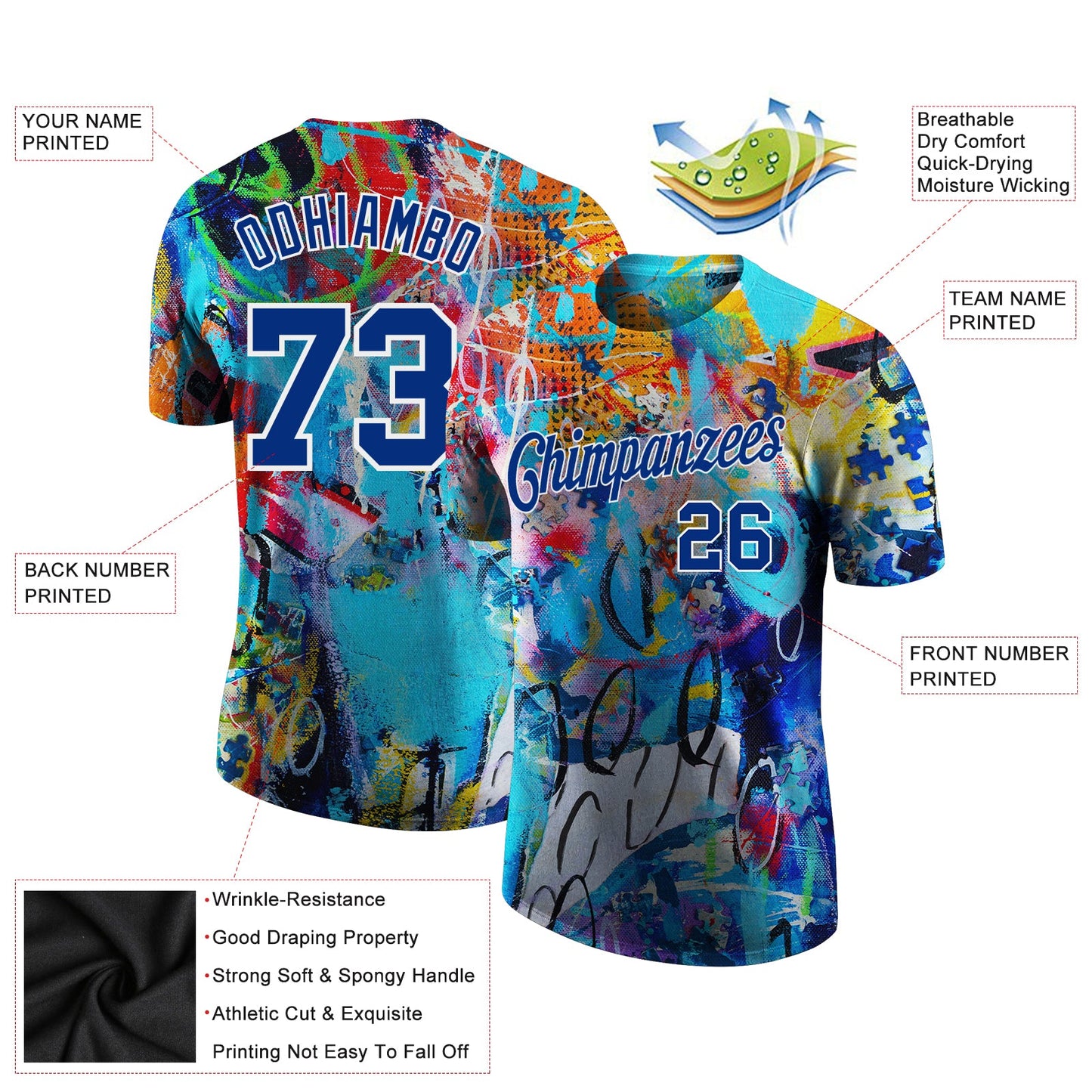 Custom Graffiti Pattern Royal-White 3D Performance T-Shirt view 2
